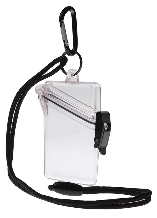Clear badge holder with black lanyard and carabiner on a white background