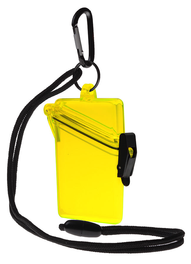 Yellow waterproof pouch with black carabiner and lanyard on a white background