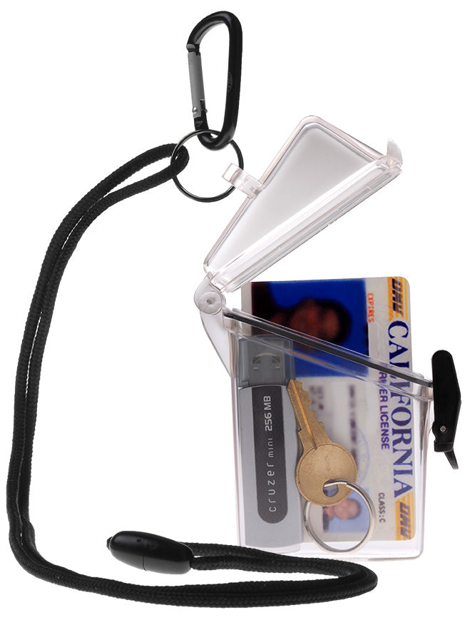 Clear pouch with black lanyard holding keys, cards, on a white background