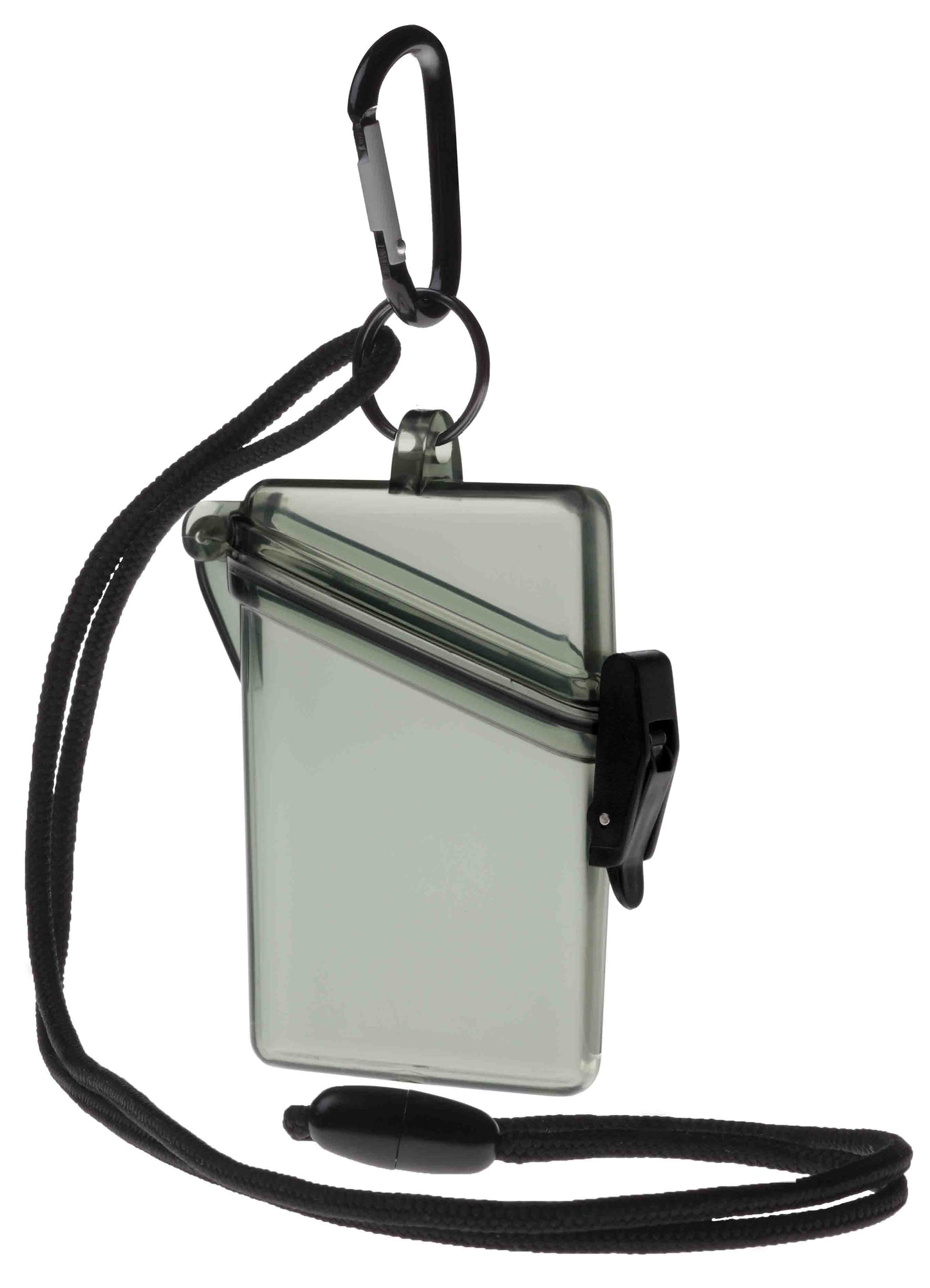 Clear pouch with black lanyard and carabiner on a white background