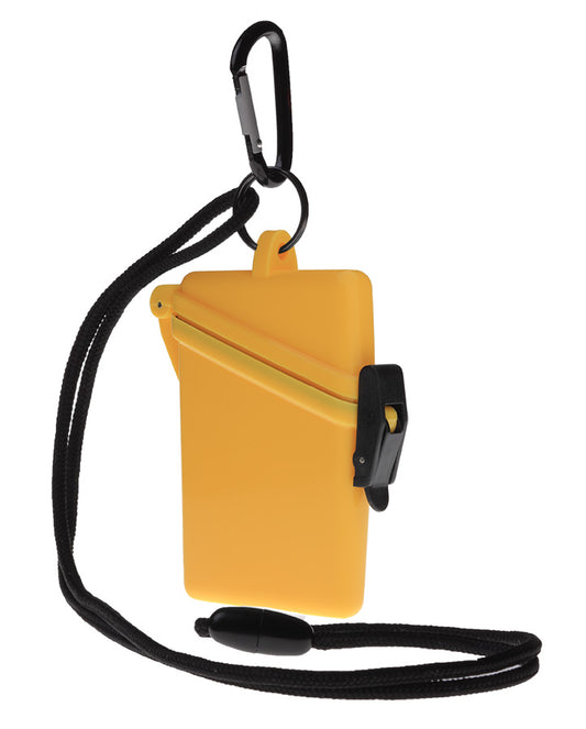 Yellow container with black carabiner and lanyard on a white background