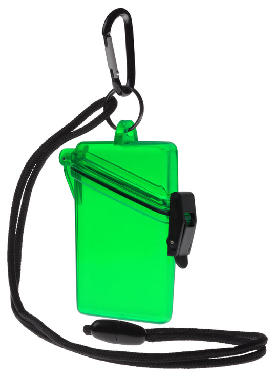 Green transparent pouch with black carabiner and lanyard on a white background